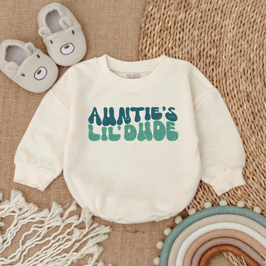Auntie's Lil Dude Retro Romper Baby Boy Outfit Vintage Teal Font Adorable Gift for New Aunt