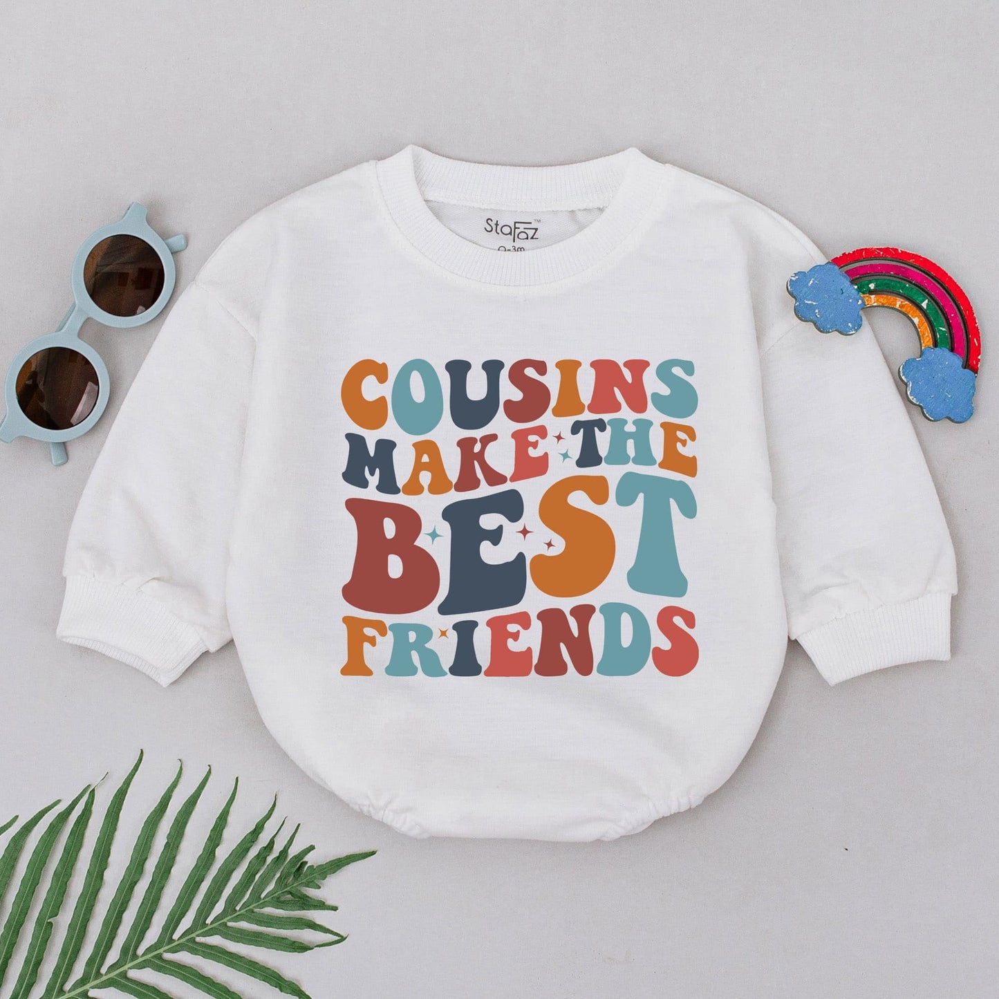 Cousins Make Best Friends Retro Romper Baby Bodysuit Vibrant 70s Stars Fun Orange Navy Blue Teal Colors Toddler Outfit Shower Gift
