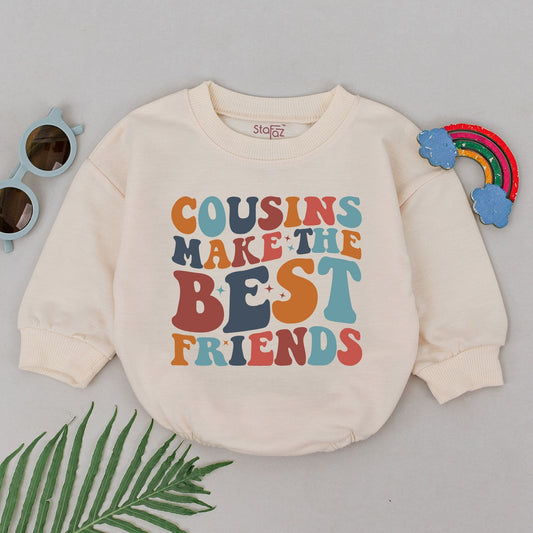 Cousins Make Best Friends Retro Romper Baby Bodysuit Vibrant 70s Stars Fun Orange Navy Blue Teal Colors Toddler Outfit Shower Gift