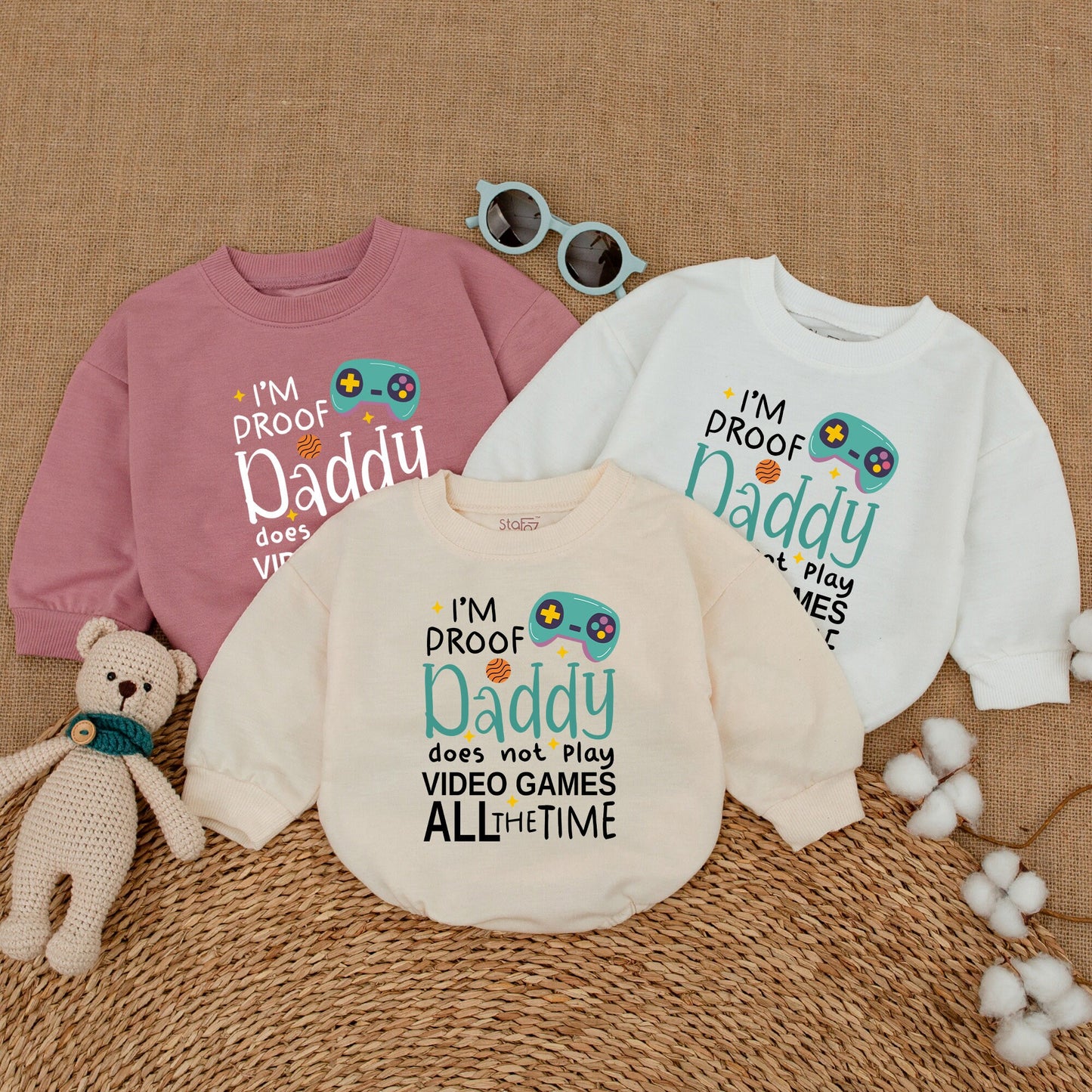 I'm Proof Daddy Does Not Play Video Games All The Time Romper Teal Video Game Controller Baby Bodysuit Father's Day Gamer Dad Gift Announcement Outfit