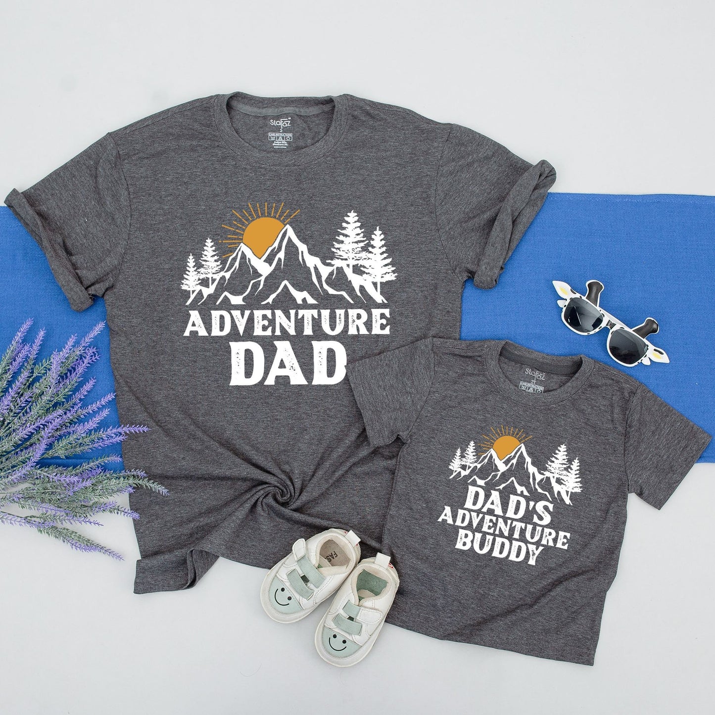 Adventure Dad & Son Matching Shirts, Dad's Adventure Buddy First Father's Day Gift, Mountain Sun Design Black Golden Yellow Outdoorsy Comfortable