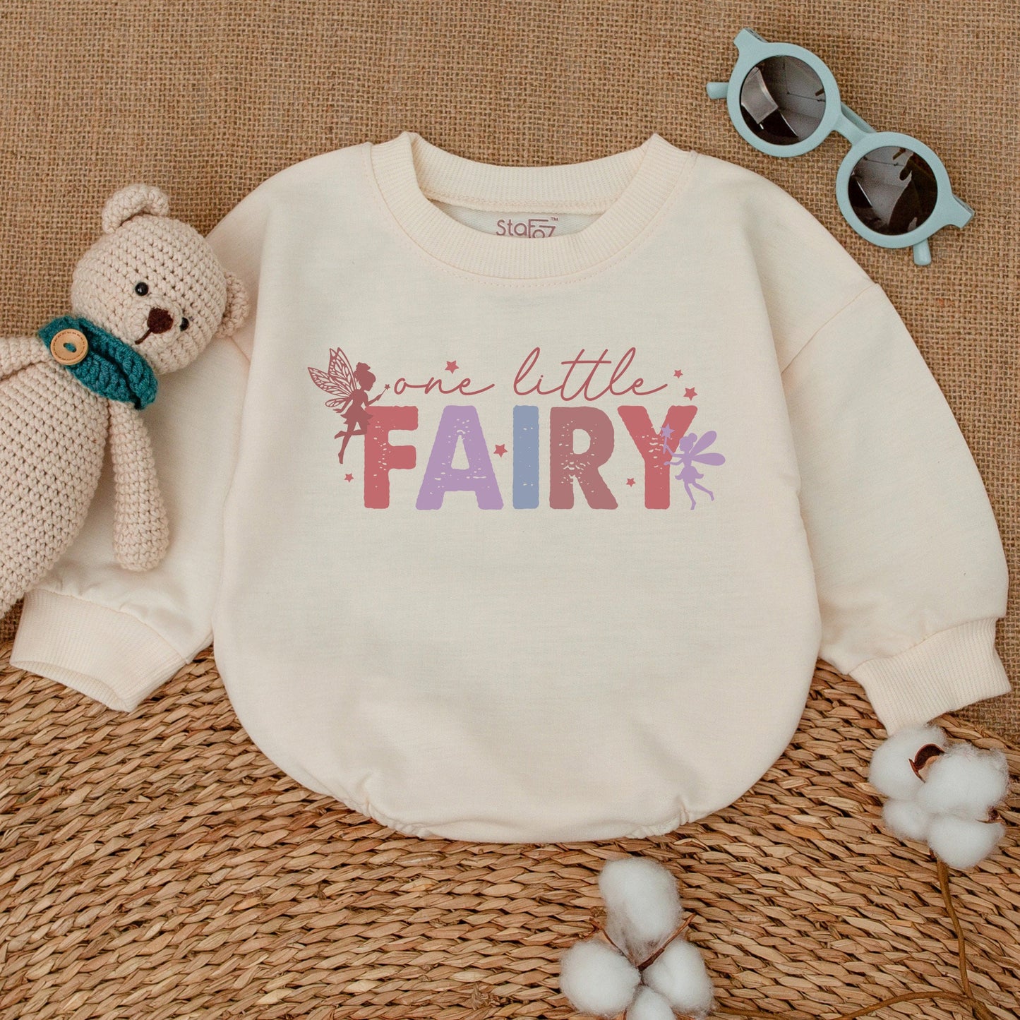 Whimsical One Little Fairy Baby Girl Romper Pink Lavender Teal Stars for Fairytale Birthday Party or Newborn Bubble Bodysuit Gift