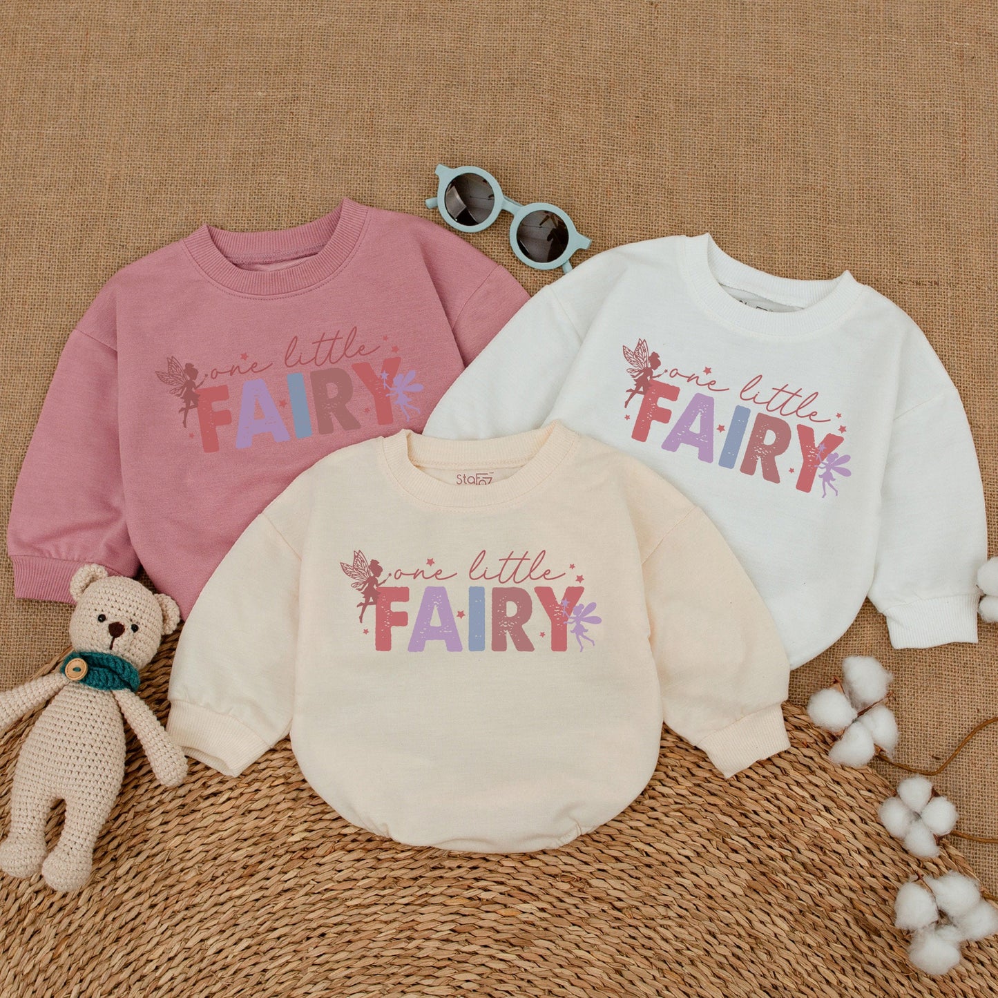 Whimsical One Little Fairy Baby Girl Romper Pink Lavender Teal Stars for Fairytale Birthday Party or Newborn Bubble Bodysuit Gift
