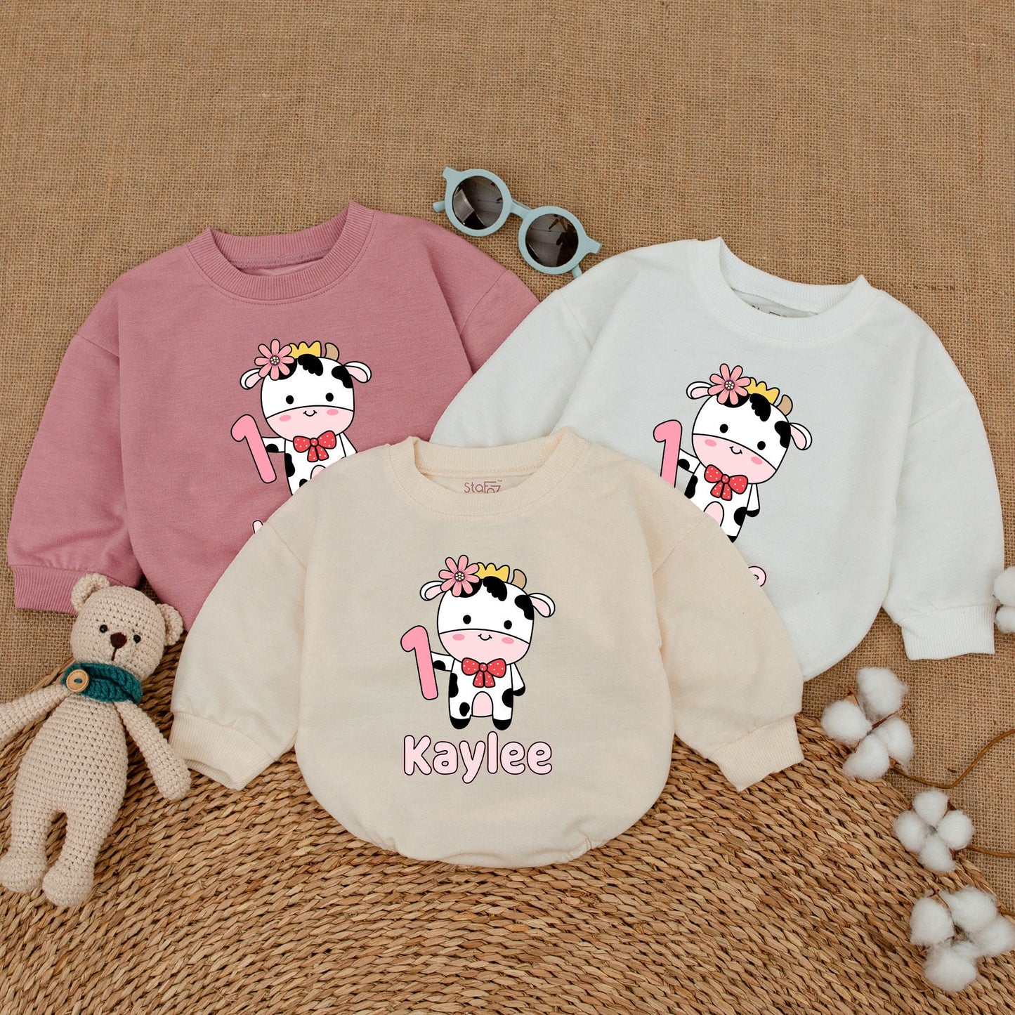 Personalized Holy Cow I'm One Girl's 1st Birthday Romper Pink Flower Crown Red Bow Tie Baby Bubble Bodysuit Outfit Farm Party Shower Gift