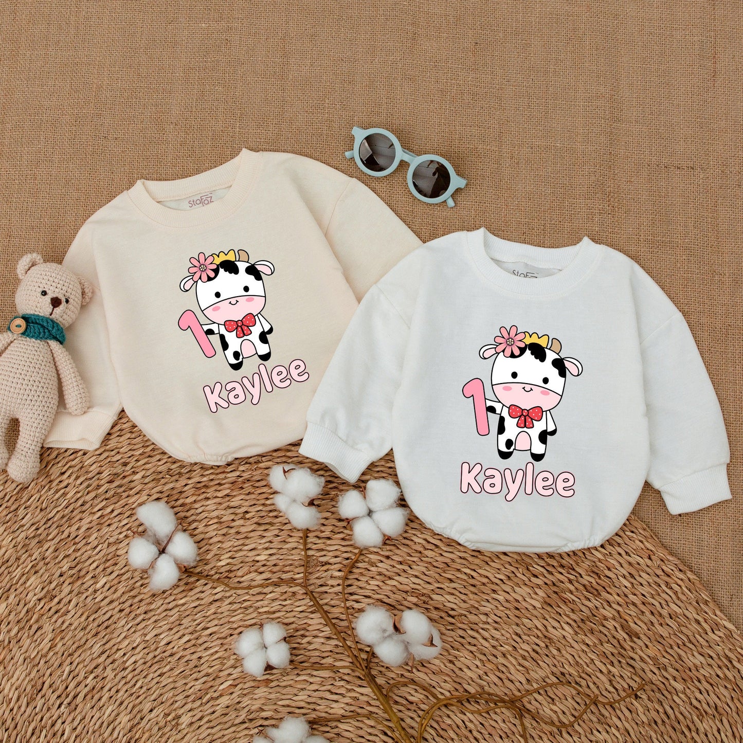 Personalized Holy Cow I'm One Girl's 1st Birthday Romper Pink Flower Crown Red Bow Tie Baby Bubble Bodysuit Outfit Farm Party Shower Gift