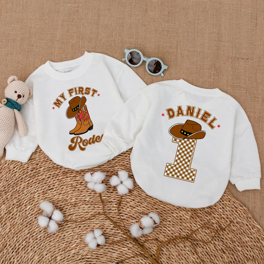 Personalized My First Rodeo Birthday Romper Western Baby Boy Bodysuit First 1st Year Cowboy Hat Plaid Sweatshirt Bubble Gift