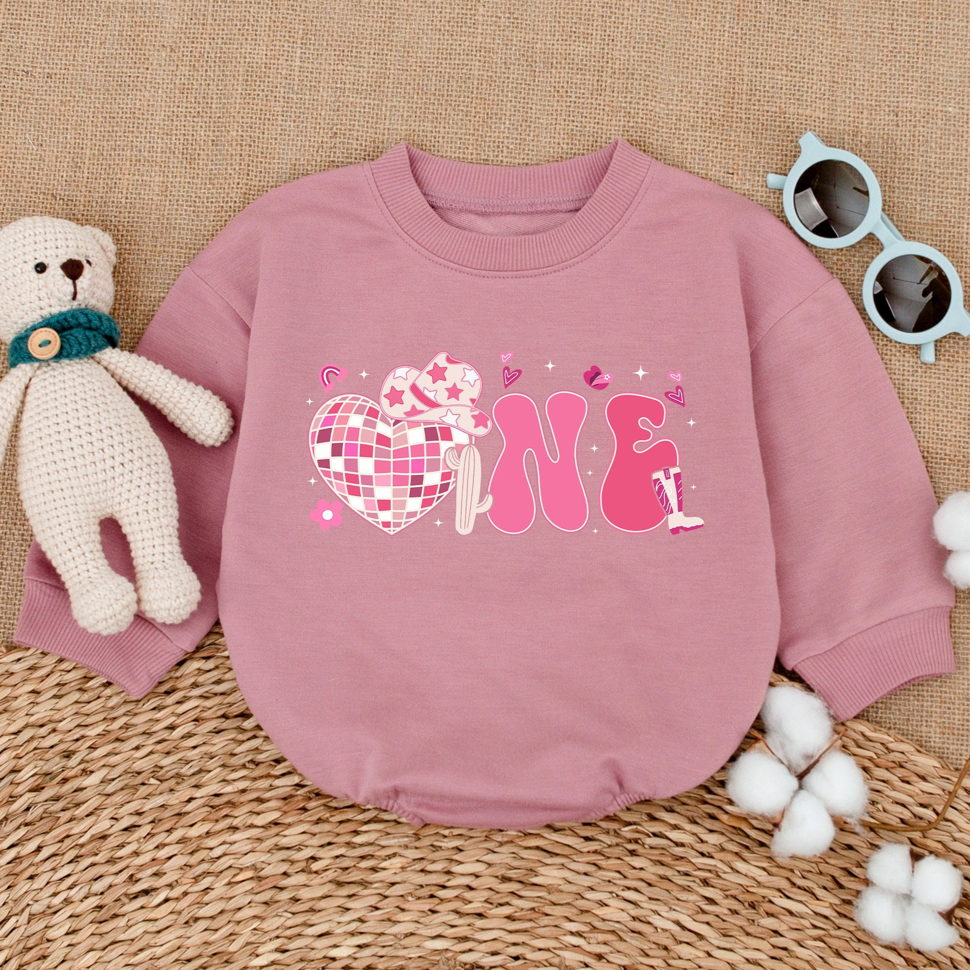 Pink Bubbly ONE Cowgirl Disco First Birthday Romper Baby Girl Western Rodeo Country Outfit with Heart Disco Ball Cowboy Hat Cactus Details