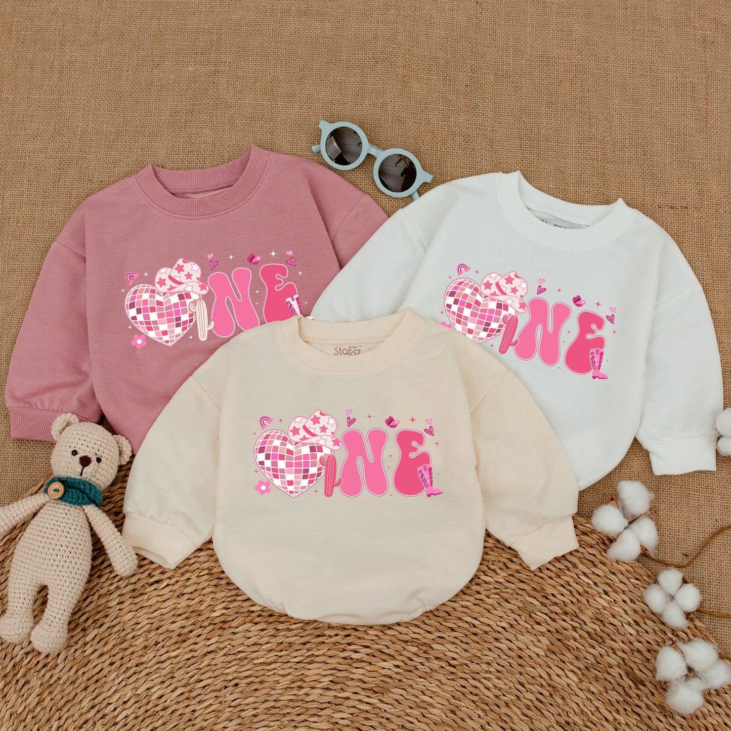 Pink Bubbly ONE Cowgirl Disco First Birthday Romper Baby Girl Western Rodeo Country Outfit with Heart Disco Ball Cowboy Hat Cactus Details