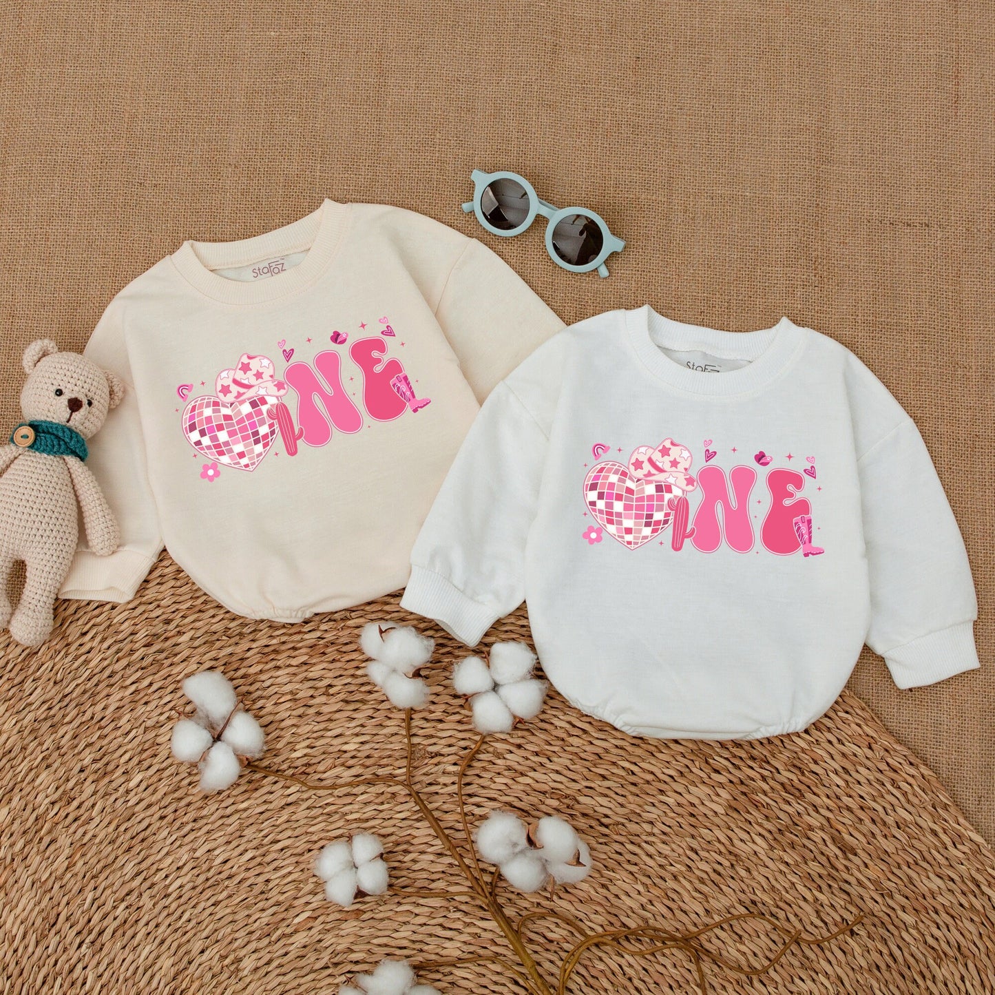 Pink Bubbly ONE Cowgirl Disco First Birthday Romper Baby Girl Western Rodeo Country Outfit with Heart Disco Ball Cowboy Hat Cactus Details