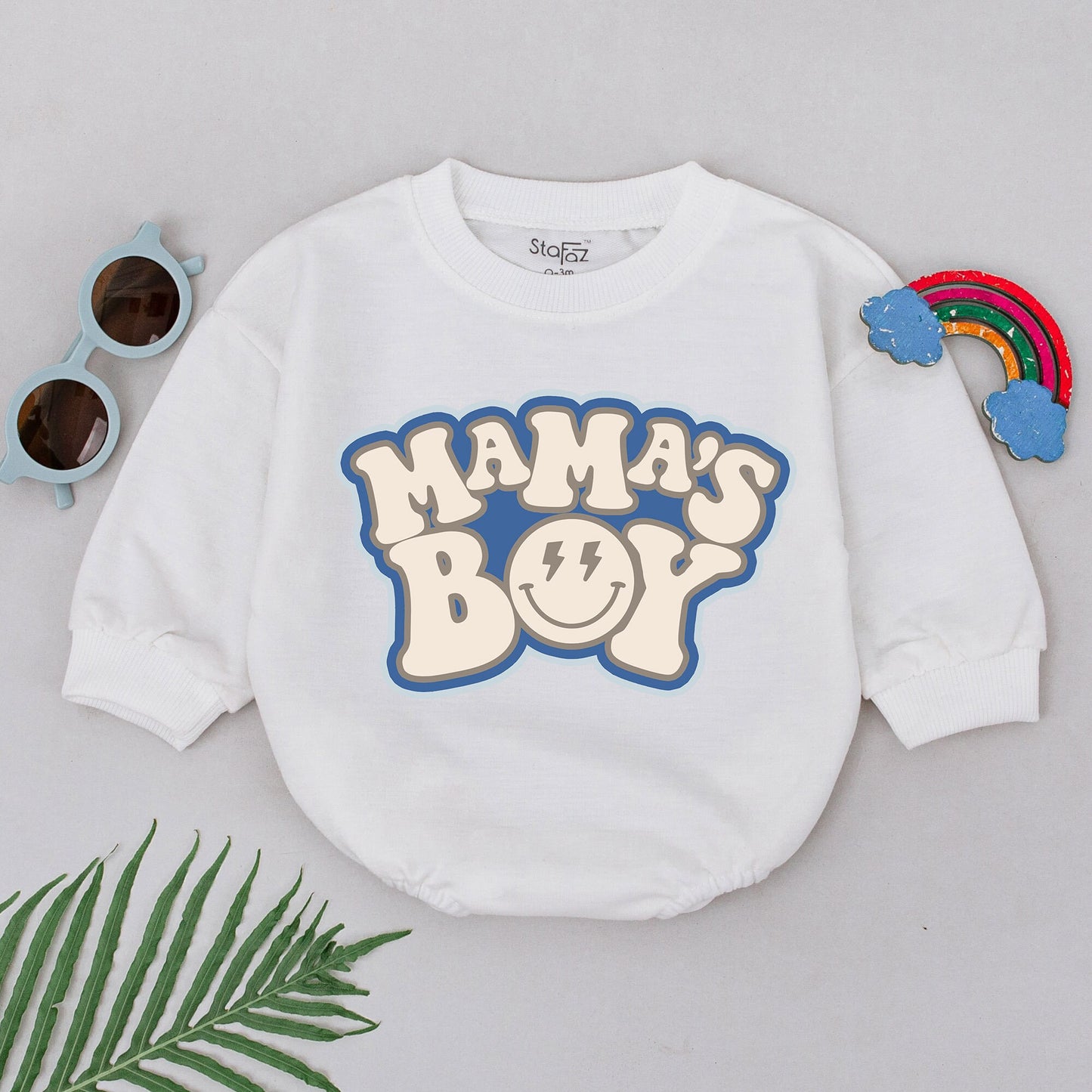 Mama's Boy Baby Romper Bodysuit, Cheerful Retro Newborn Outfit with Smiling Face & Lightning Bolt Eyes, Vintage Gift for Little Boys
