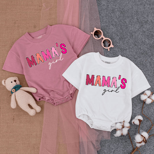 Mama's Girl Pink Bubble Romper Outfit Baby Short Sleeve Baggy Tee New Mom Mother's Day Gift Comfortable Infant Clothing