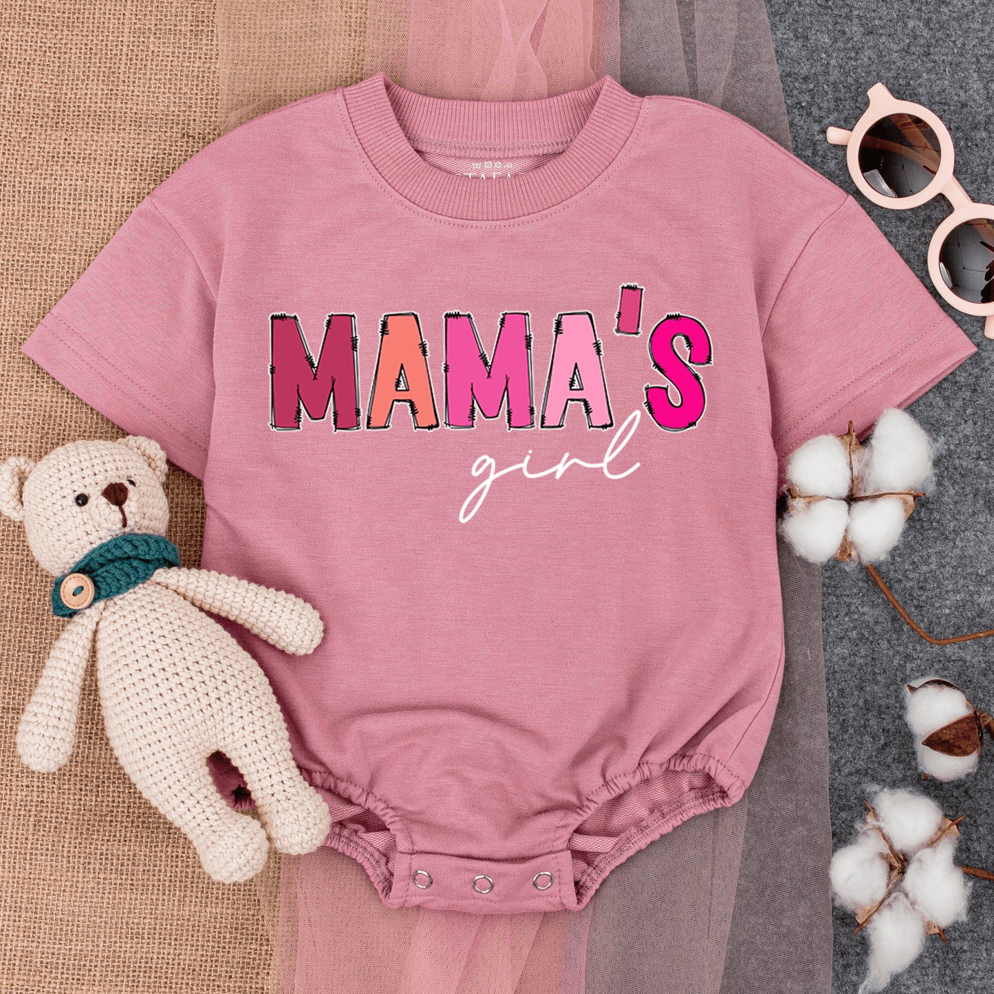 Mama's Girl Pink Bubble Romper Outfit Baby Short Sleeve Baggy Tee New Mom Mother's Day Gift Comfortable Infant Clothing
