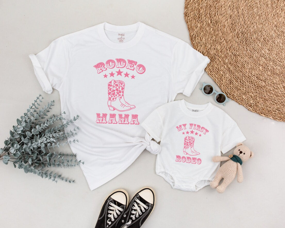 Pink Retro Western Rodeo Mama and Sister First Birthday Family Matching Shirts