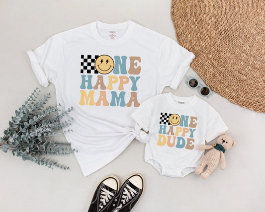 One Happy Dude Birthday Shirt Retro Checkerboard Smiley Face Family Matching 70s Style Outfit for Boys First Birthday Celebration