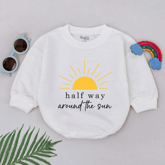 Golden Sun Half Way Around The Sun Romper 6 Month Half Birthday Baby Outfit Boys Girls Soft Organic Cotton Newborn Gift Idea