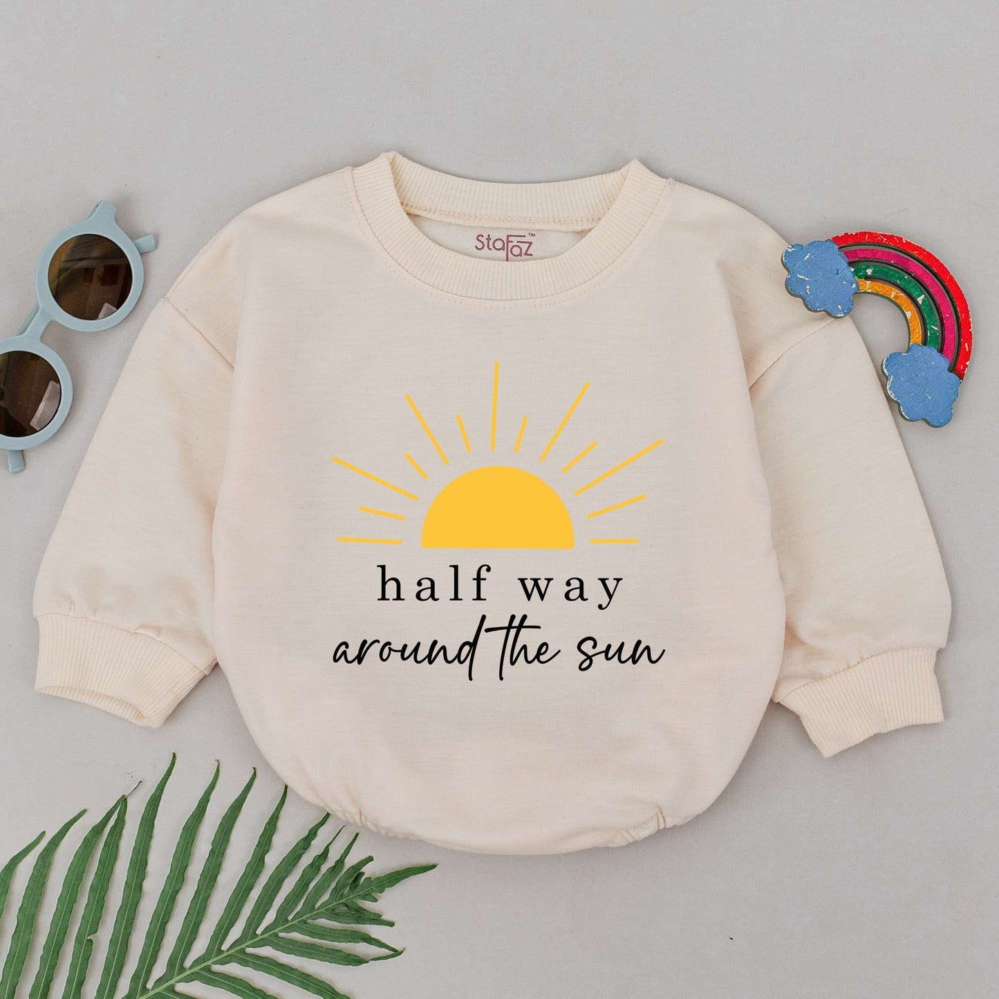 Golden Sun Half Way Around The Sun Romper 6 Month Half Birthday Baby Outfit Boys Girls Soft Organic Cotton Newborn Gift Idea