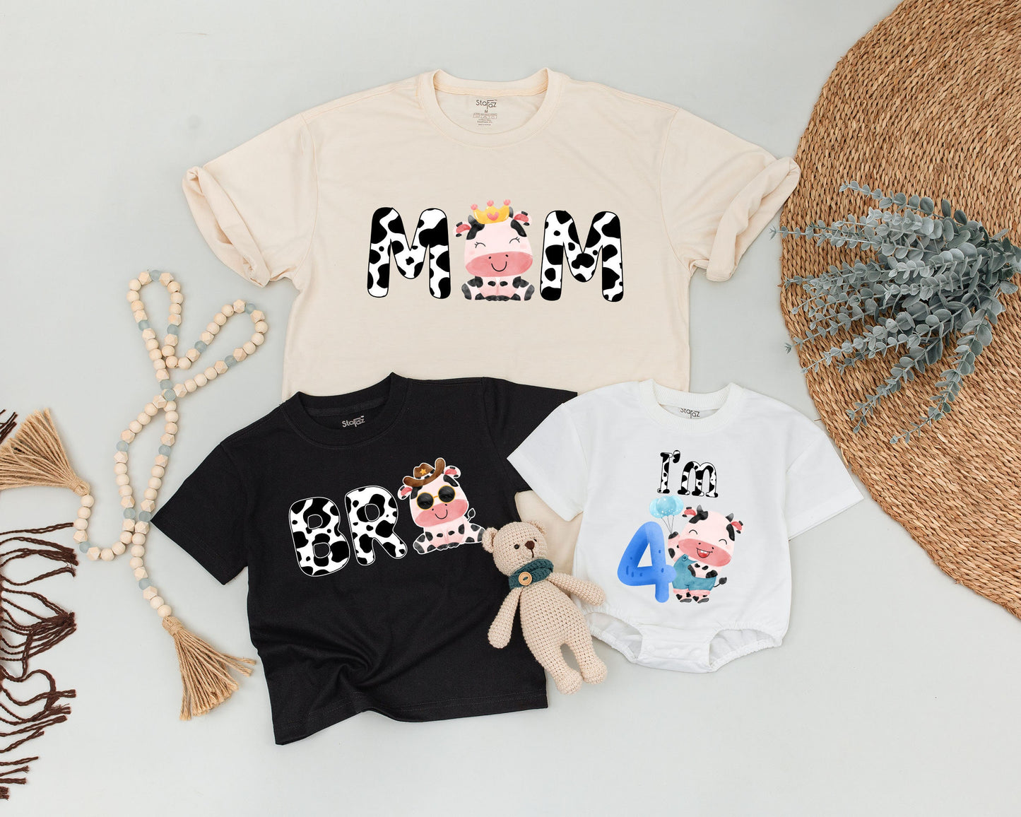 Holy Cow First Birthday Family Matching Shirts Dad Mom Baby Sis Whimsical Cow Print Farm Animal Theme Colorful Baby Shower Gift