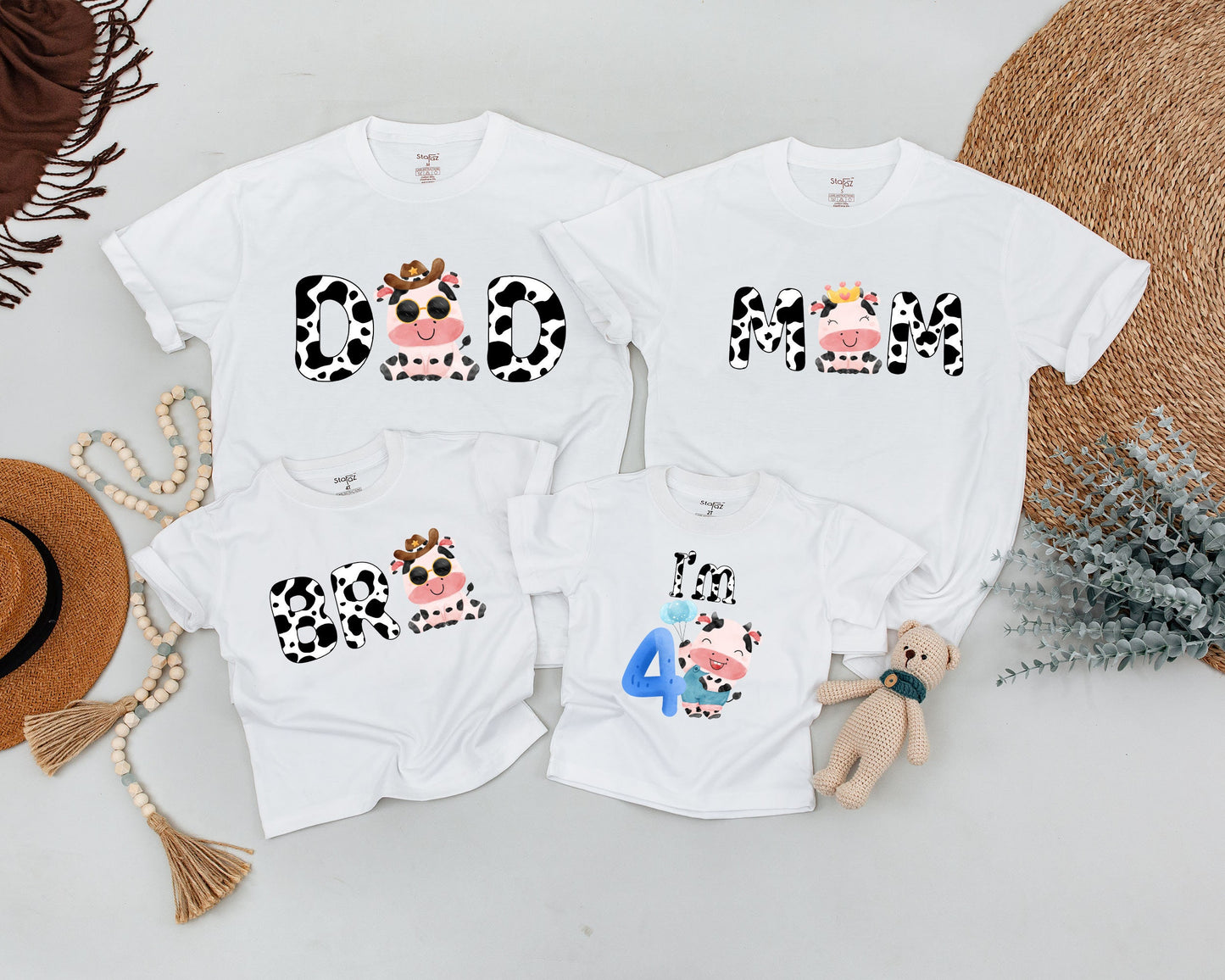 Holy Cow First Birthday Family Matching Shirts Dad Mom Baby Sis Whimsical Cow Print Farm Animal Theme Colorful Baby Shower Gift