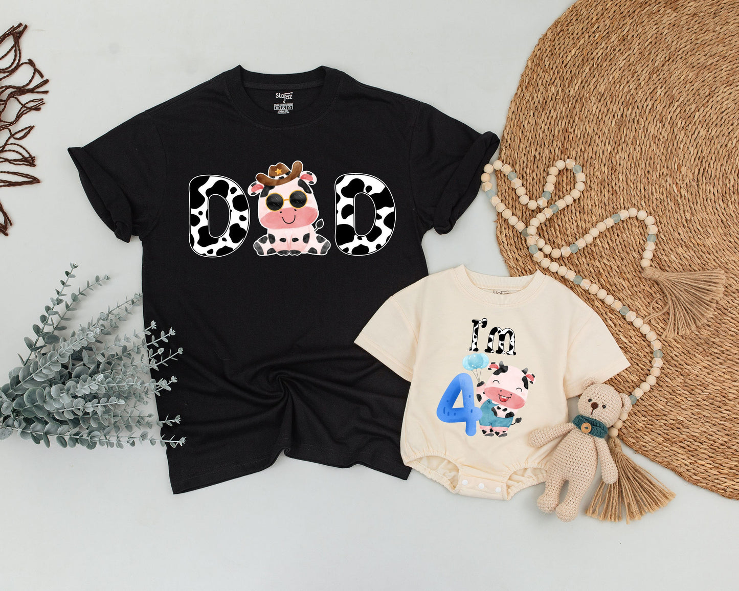 Holy Cow First Birthday Family Matching Shirts Dad Mom Baby Sis Whimsical Cow Print Farm Animal Theme Colorful Baby Shower Gift