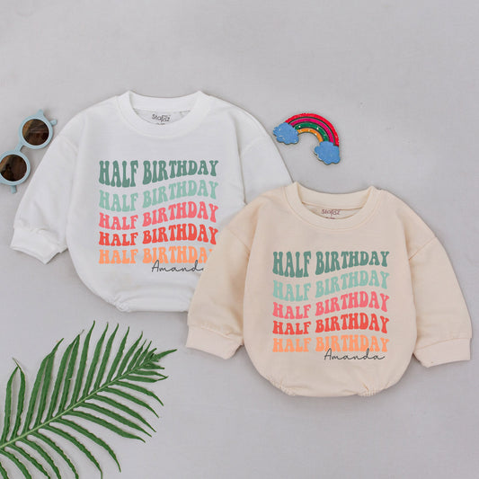 Personalized Half Birthday Romper Colorful Stacked Text Name Design 6 Months Baby Outfit Half Way To One Newborn Girl Boy Celebration Gift