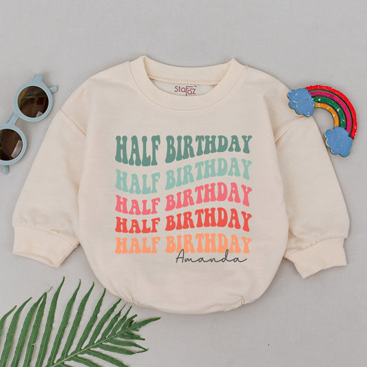 Personalized Half Birthday Romper Colorful Stacked Text Name Design 6 Months Baby Outfit Half Way To One Newborn Girl Boy Celebration Gift