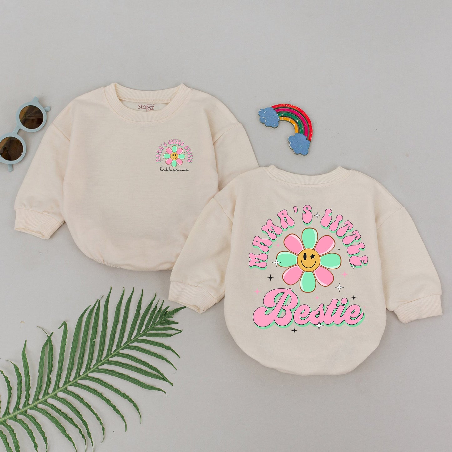 Mama's Little Bestie Baby Girl Romper Retro Pink Mint Daisy Smiley Face First Mother's Day Gift Daughter Outfit Whimsical Newborn Clothes