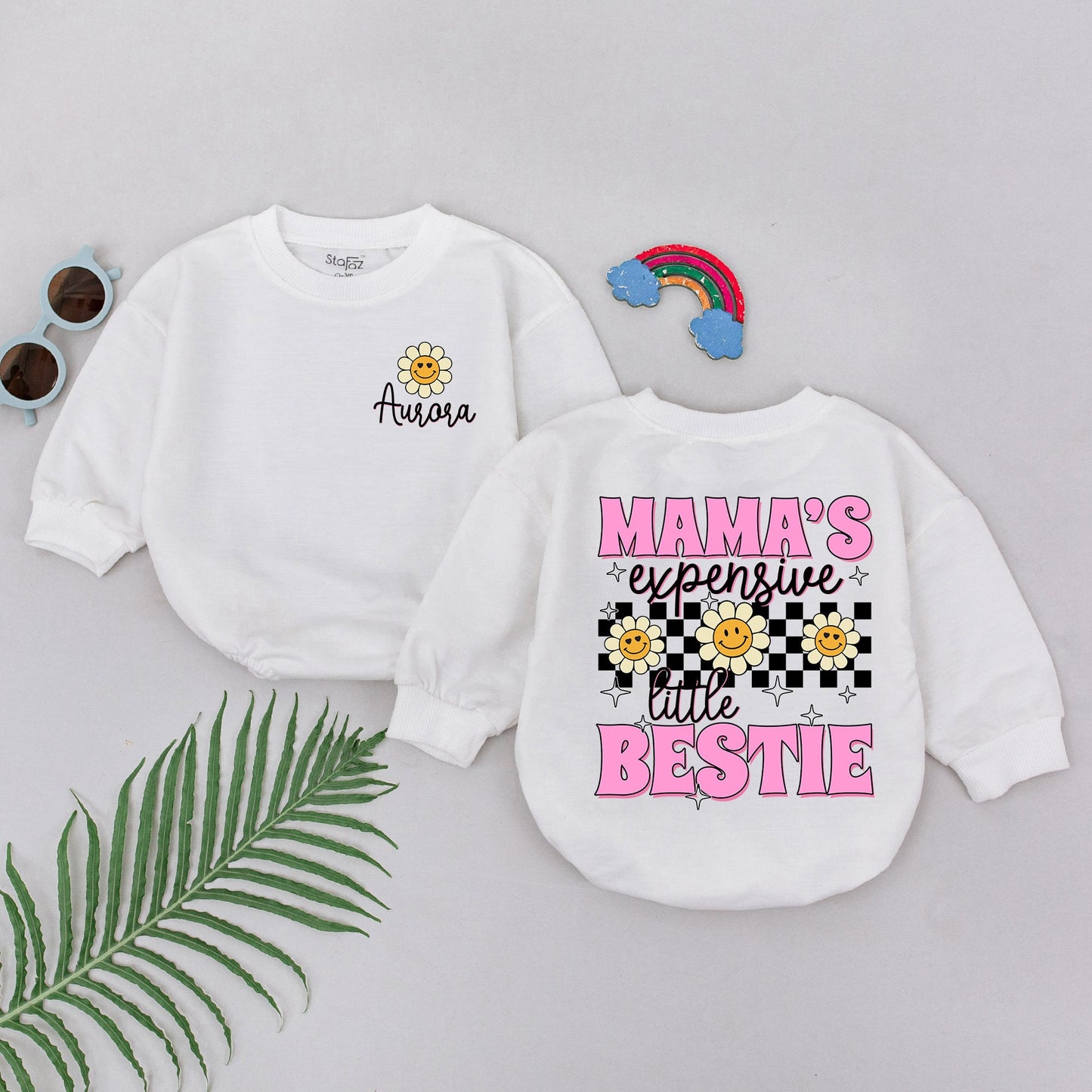 Mama's Expensive Bestie Romper Baby Girl First Mother's Day Gift Retro Daisy Checkered Playful Newborn Shower Outfit Soft Cotton Apparel