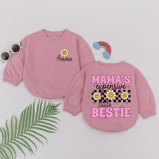 Mama's Expensive Bestie Romper Baby Girl First Mother's Day Gift Retro Daisy Checkered Playful Newborn Shower Outfit Soft Cotton Apparel