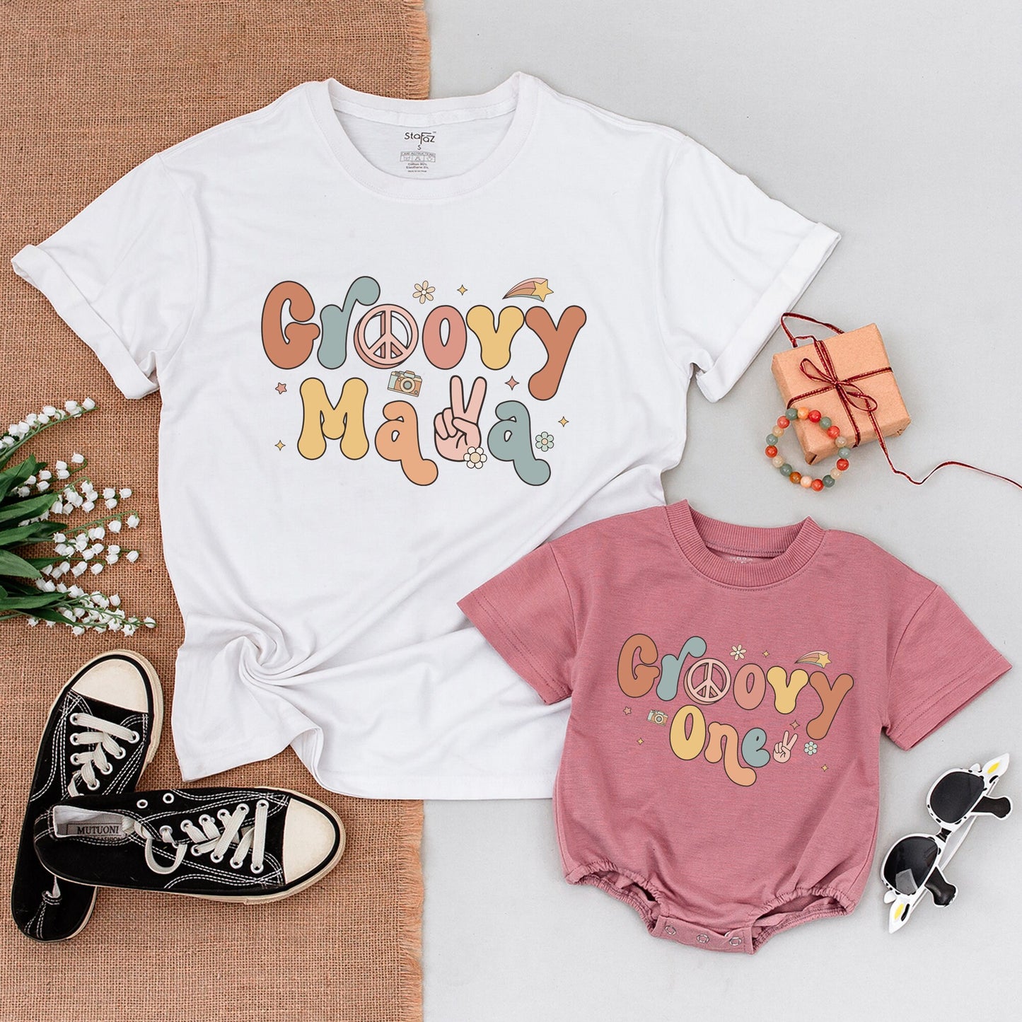 Groovy One 1st Birthday Shirt Family Matching Retro Design Peace Sign Camera Pastel Pink Teal Yellow Vintage Mama Daddy Bodysuit