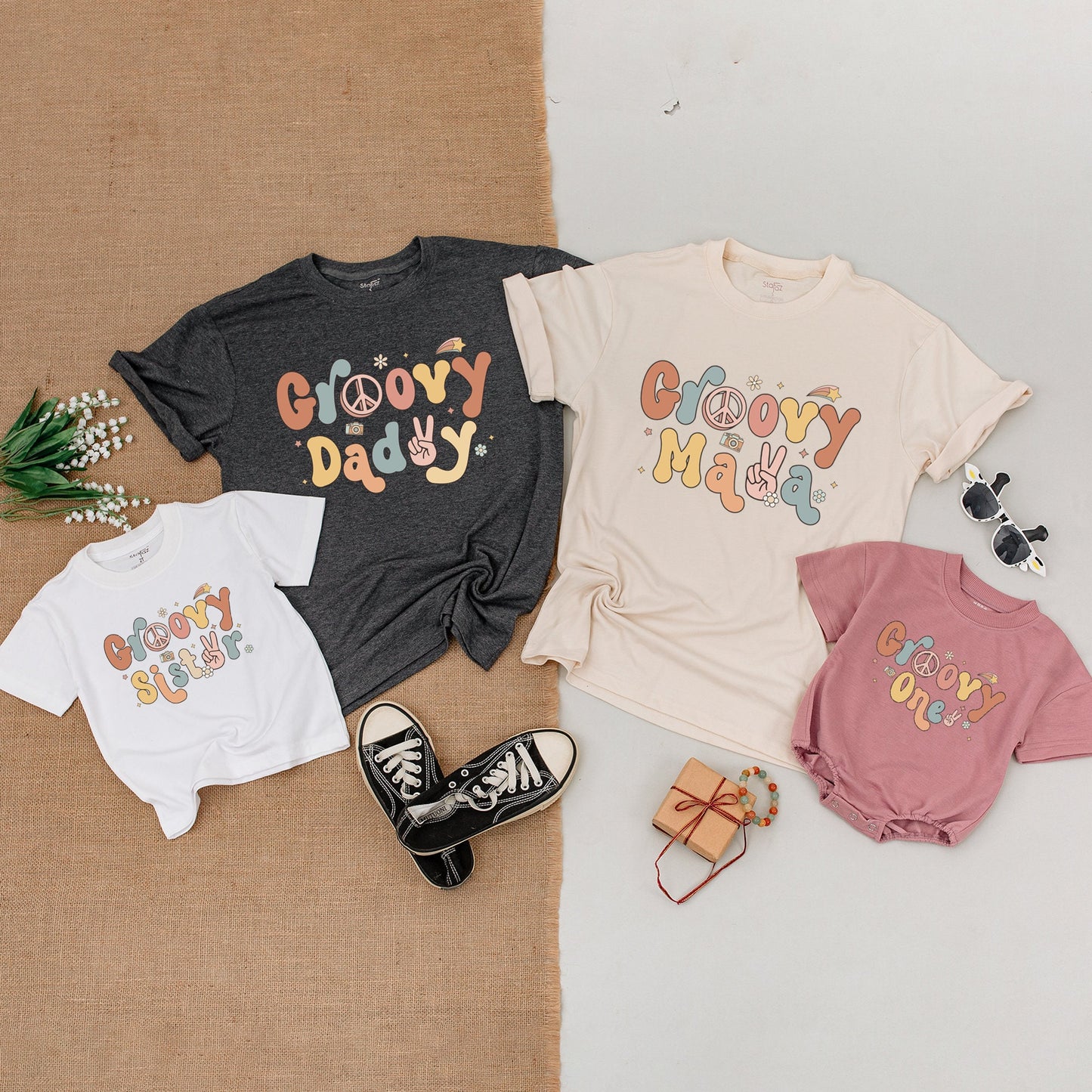 Groovy One 1st Birthday Shirt Family Matching Retro Design Peace Sign Camera Pastel Pink Teal Yellow Vintage Mama Daddy Bodysuit