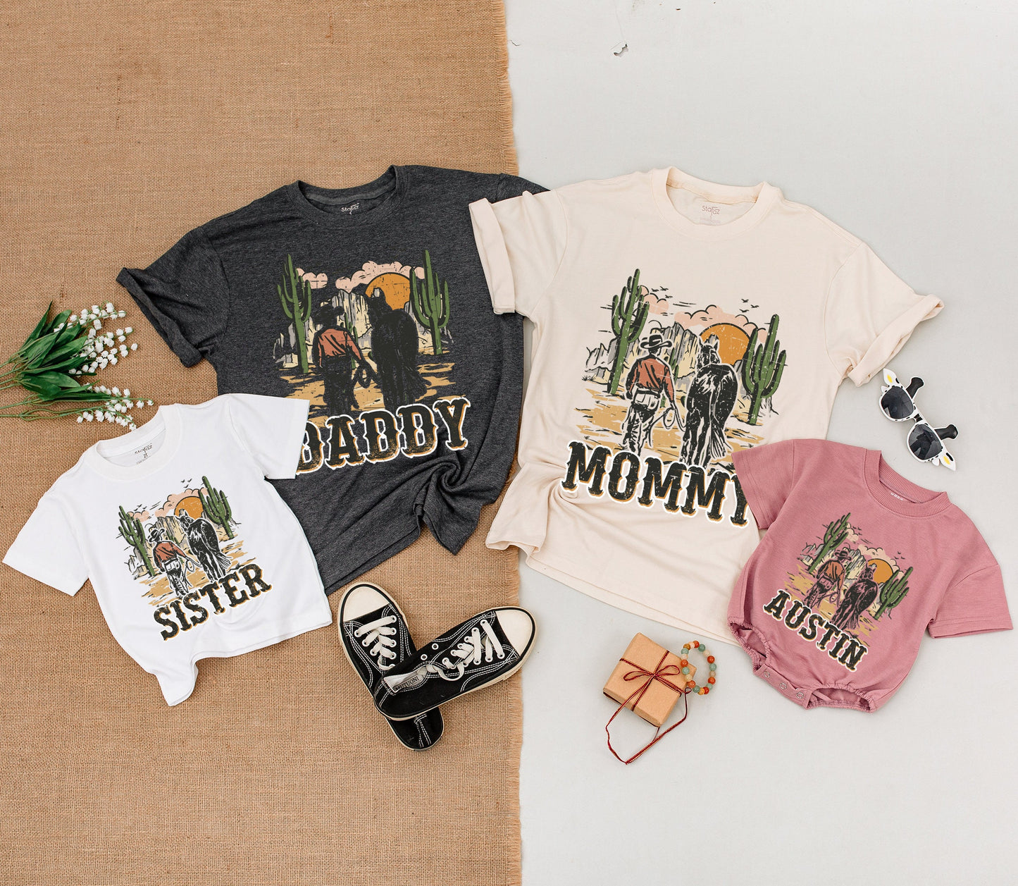 Vintage Cowboy Family Matching Shirts Rustic Desert Sunset Daddy Mommy Sister Austin Western Birthday Celebration Outfit
