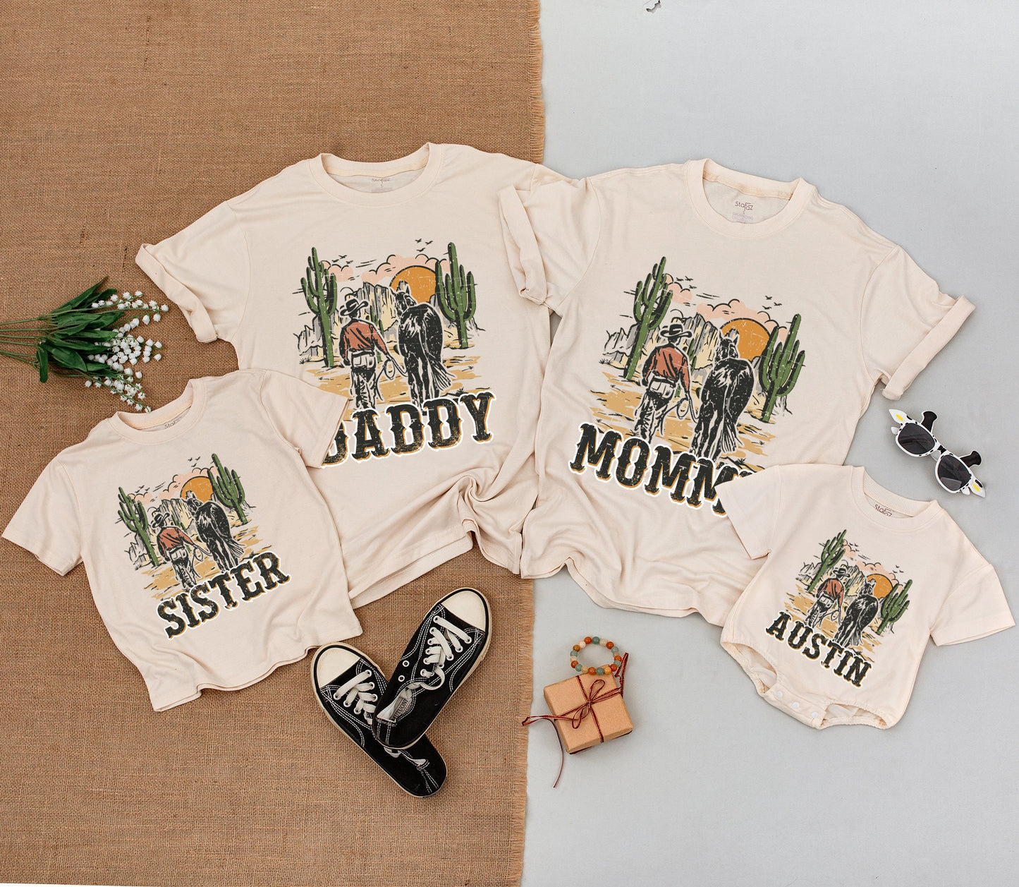 Vintage Cowboy Family Matching Shirts Rustic Desert Sunset Daddy Mommy Sister Austin Western Birthday Celebration Outfit