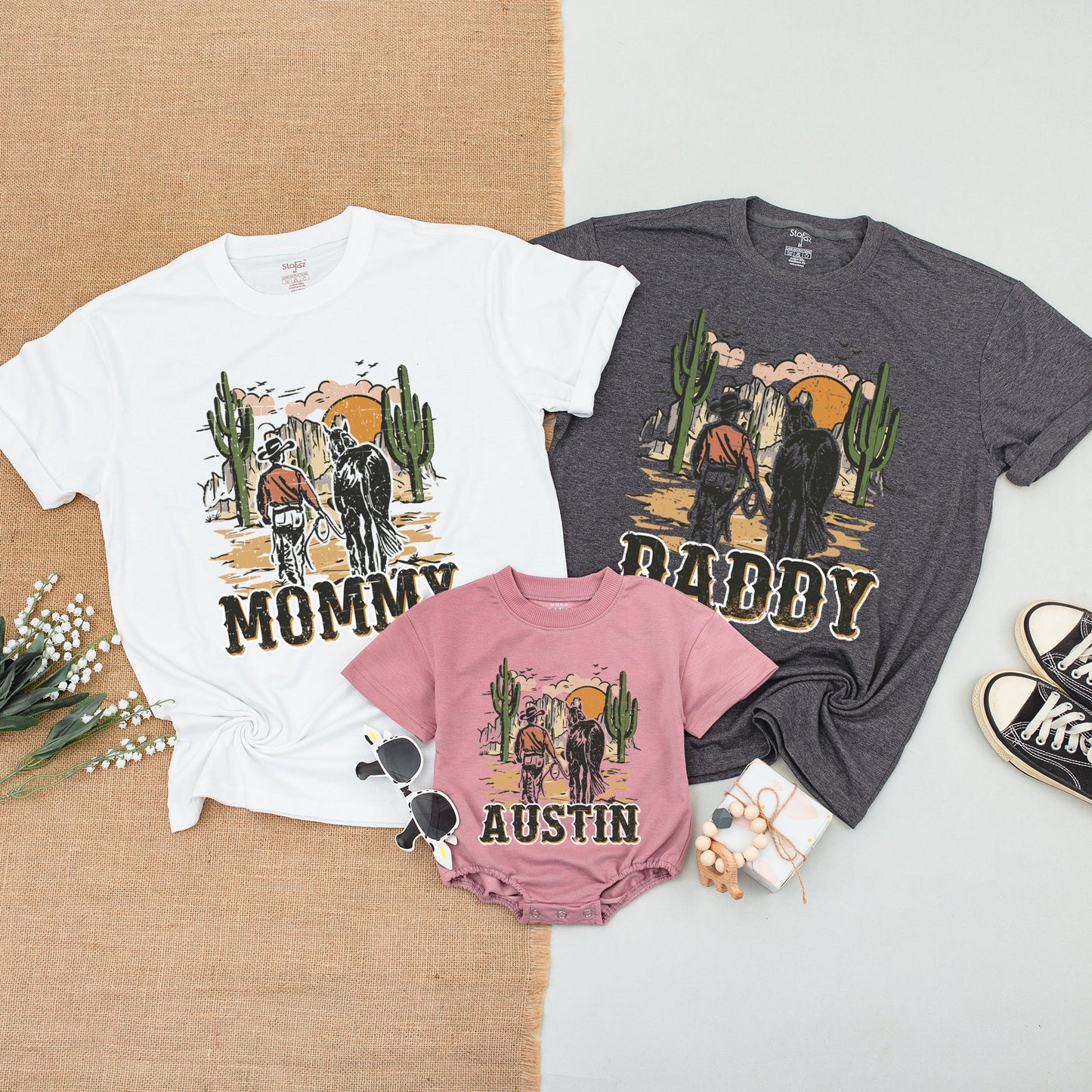 Vintage Cowboy Family Matching Shirts Rustic Desert Sunset Daddy Mommy Sister Austin Western Birthday Celebration Outfit