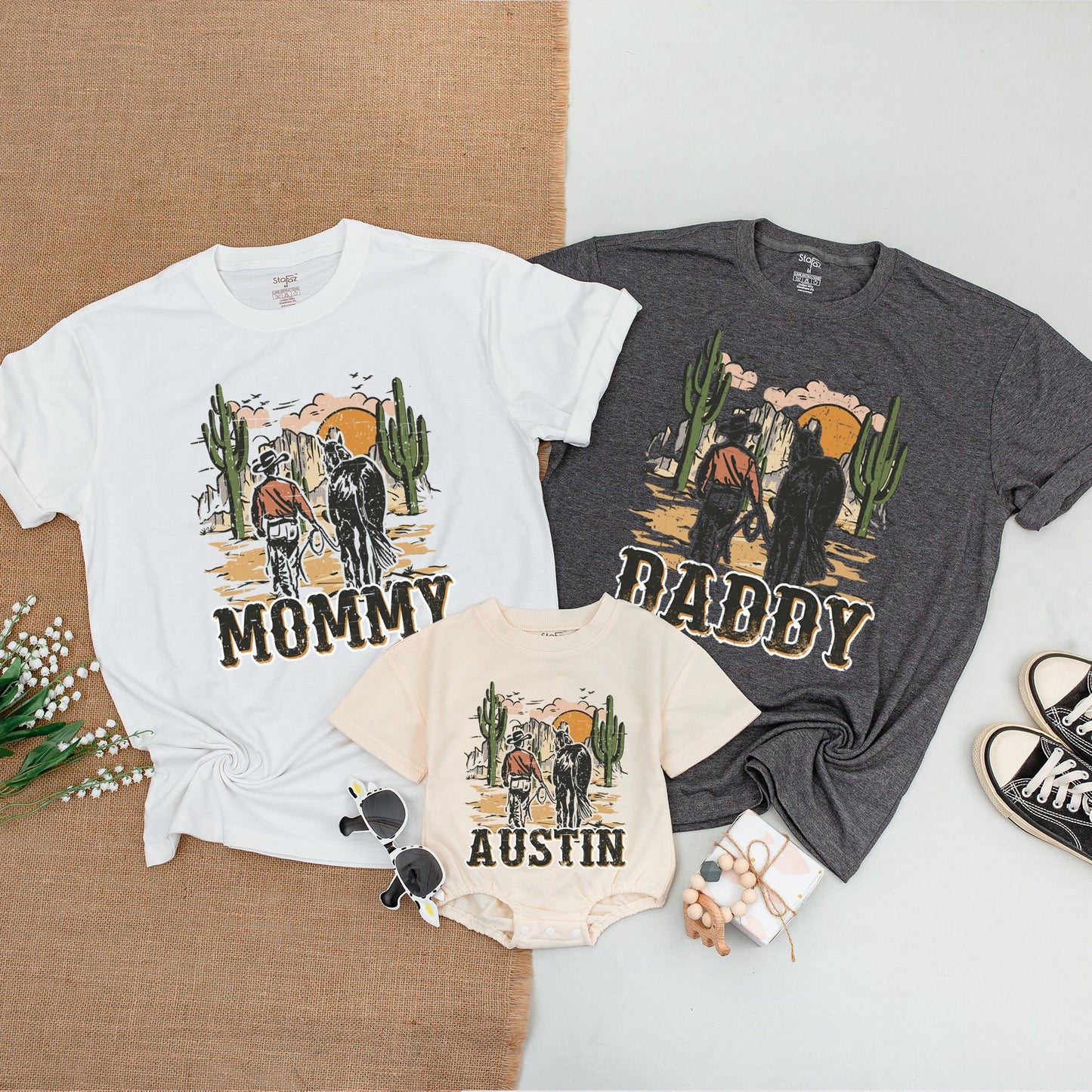Vintage Cowboy Family Matching Shirts Rustic Desert Sunset Daddy Mommy Sister Austin Western Birthday Celebration Outfit