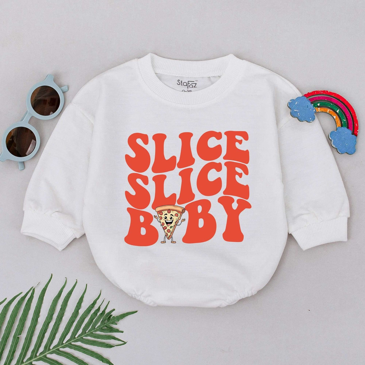 Slice Slice Baby Romper Cute Cartoon Pizza Slice Retro Font Foodie Gift for Baby Boys Girls Newborn