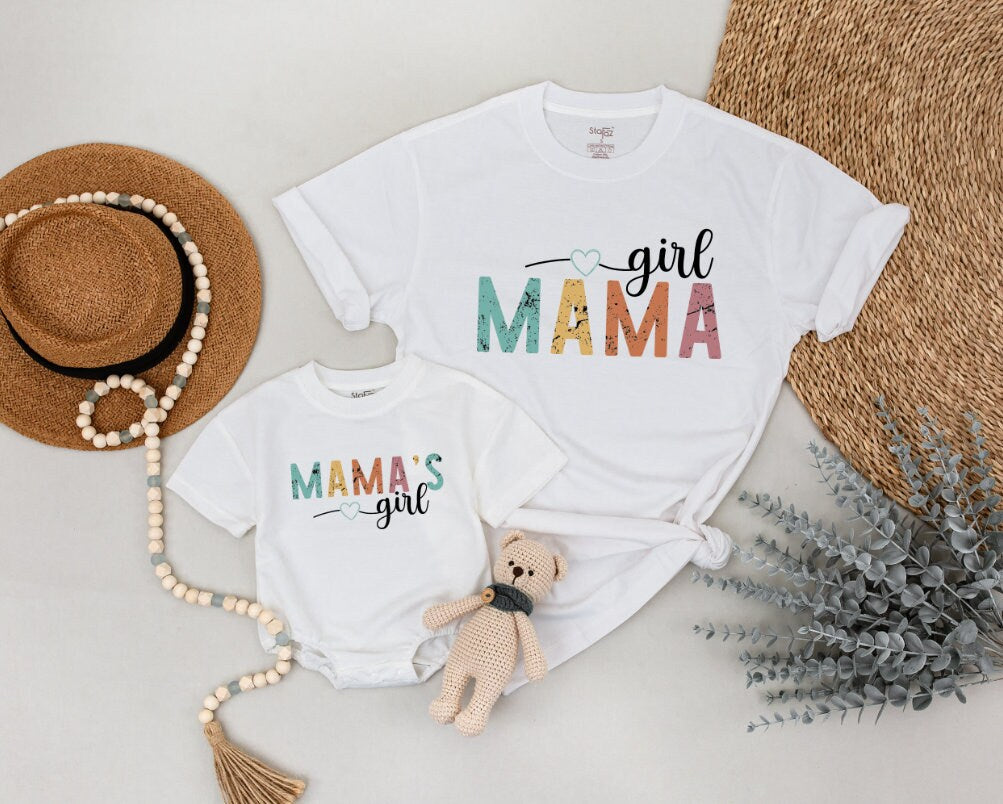 Retro Mama and Mama's Girl Matching Shirts Vintage Teal Yellow Orange Pink Distressed Design Mother Daughter Outfits Comfortable Baby Romper Cute Mom Gift