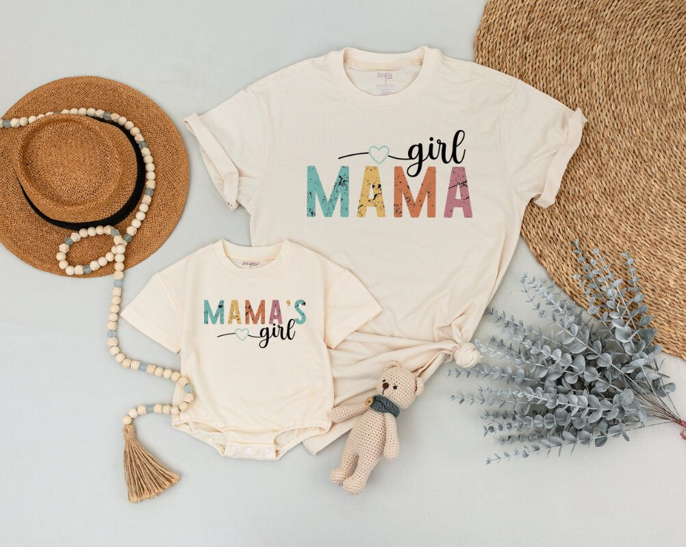 Retro Mama and Mama's Girl Matching Shirts Vintage Teal Yellow Orange Pink Distressed Design Mother Daughter Outfits Comfortable Baby Romper Cute Mom Gift