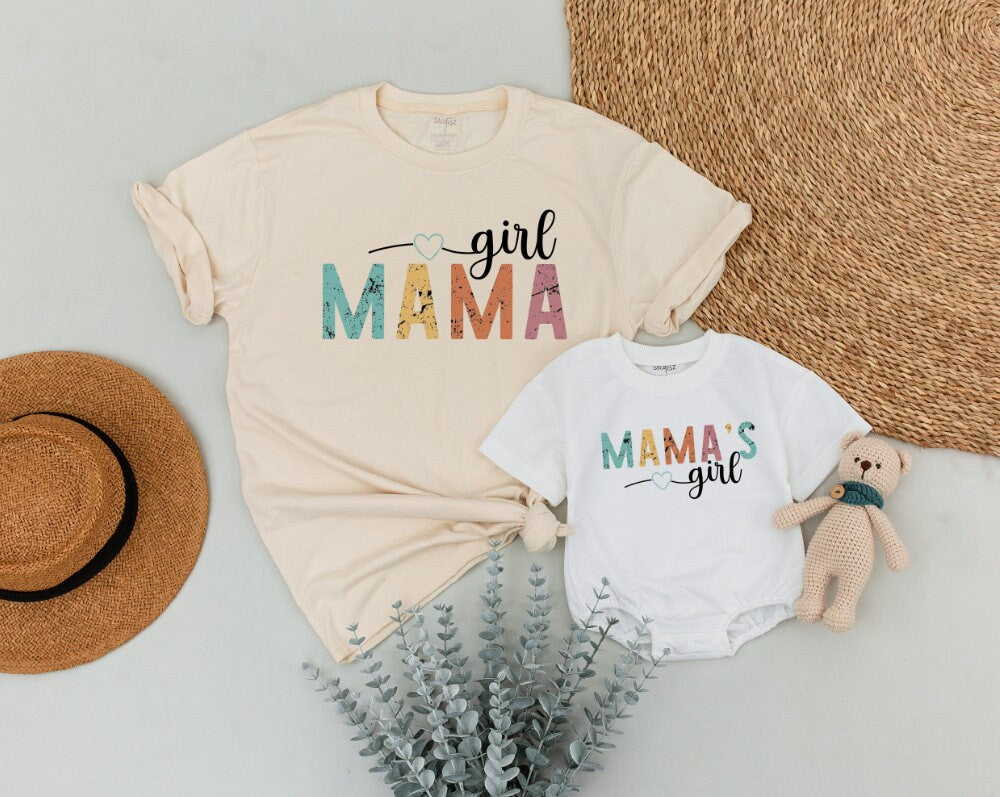Retro Mama and Mama's Girl Matching Shirts Vintage Teal Yellow Orange Pink Distressed Design Mother Daughter Outfits Comfortable Baby Romper Cute Mom Gift