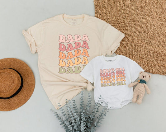 Retro Dada & Dada's Girl Matching Shirts, Bubble Font Father's Day Outfit, Vintage Style Dad & Baby Set, Playful First Daddy's Girl Gift
