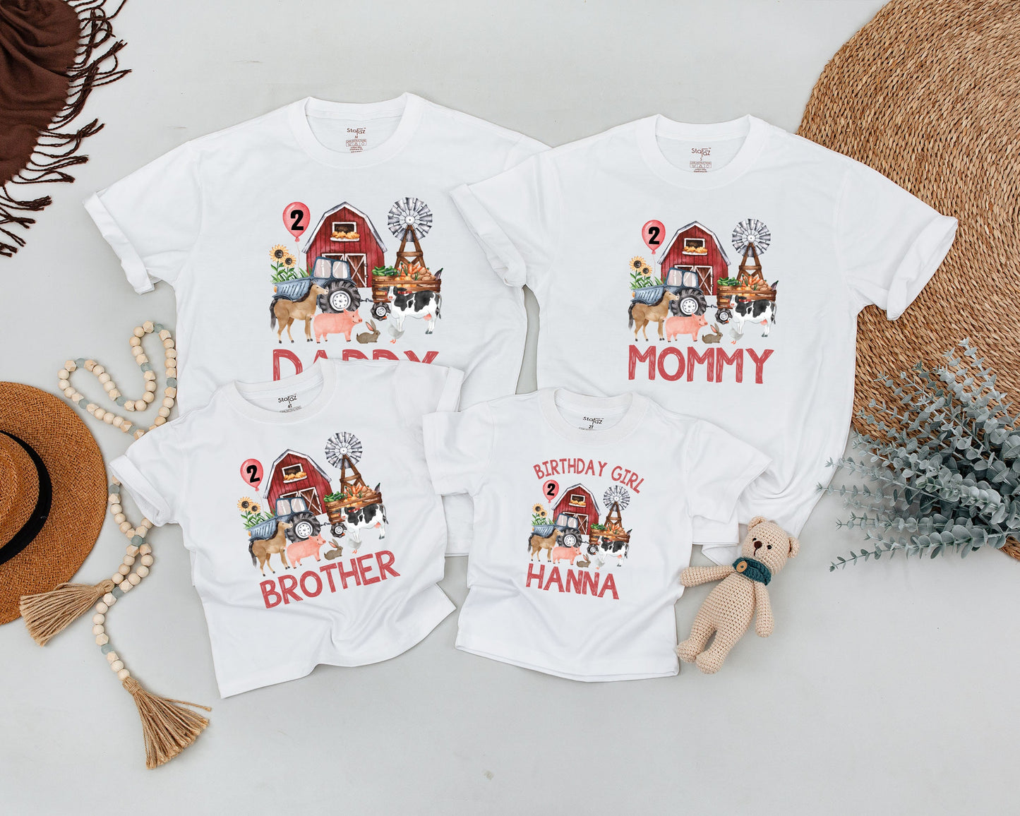 Personalized Farm Birthday Shirt, Rustic Barnyard Family Matching Outfit, Red Barn Tractor Animals Sunflowers, Toddler Boy Girl Party