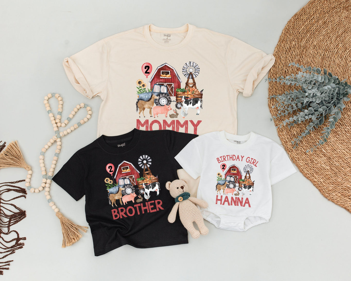 Personalized Farm Birthday Shirt, Rustic Barnyard Family Matching Outfit, Red Barn Tractor Animals Sunflowers, Toddler Boy Girl Party
