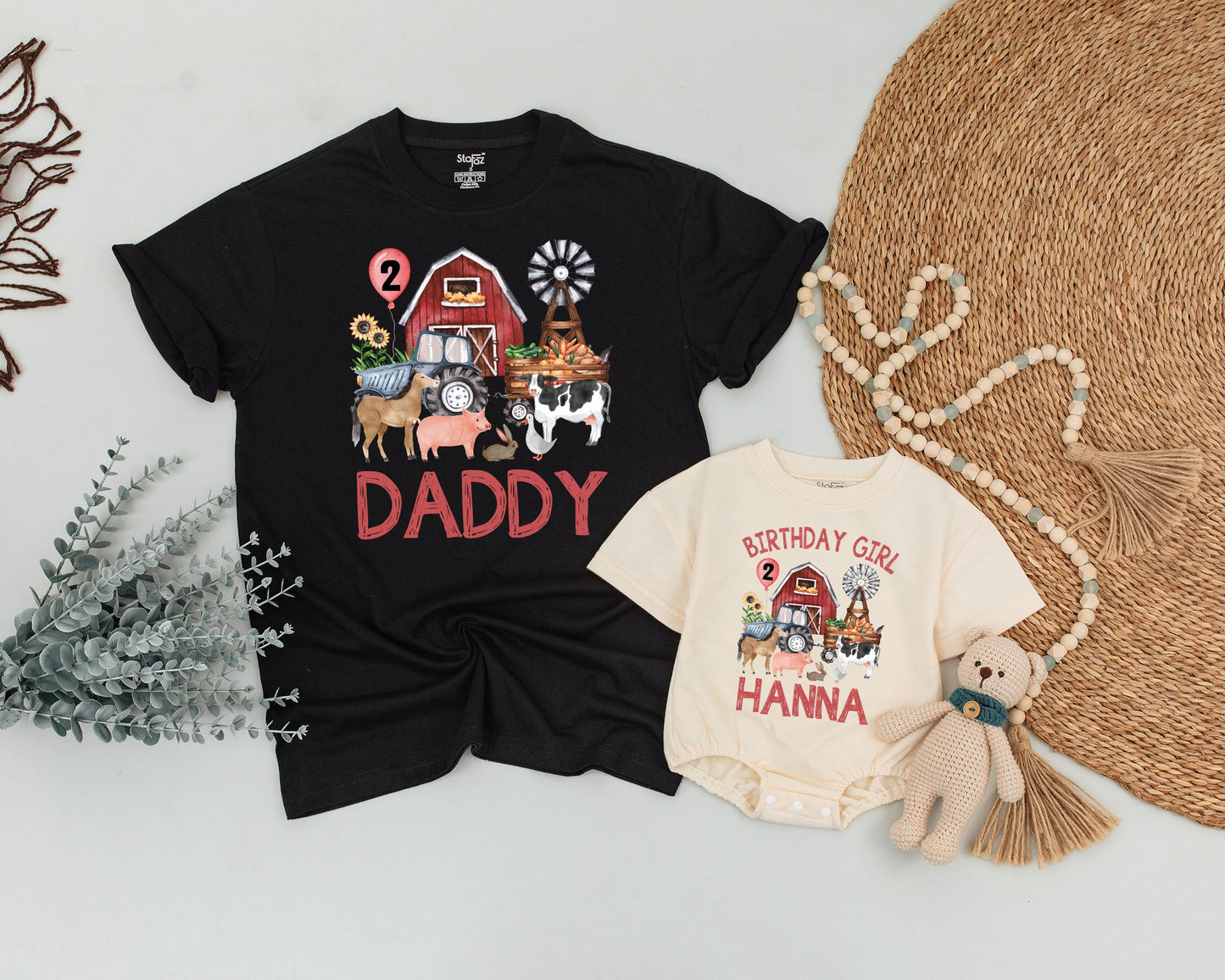 Personalized Farm Birthday Shirt, Rustic Barnyard Family Matching Outfit, Red Barn Tractor Animals Sunflowers, Toddler Boy Girl Party