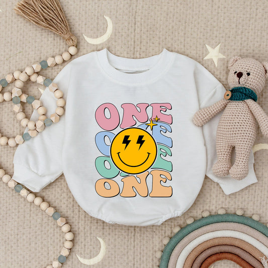 One Happy Babe Smiley Face First Birthday Romper Outfit Personalized Baby Name Bubble Bodysuit Party Celebration Gift