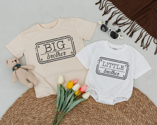 Big Middle Little Brother Distressed Rectangle Matching Sibling Shirts Toddler Baby Announcement Rustic Brother Tees