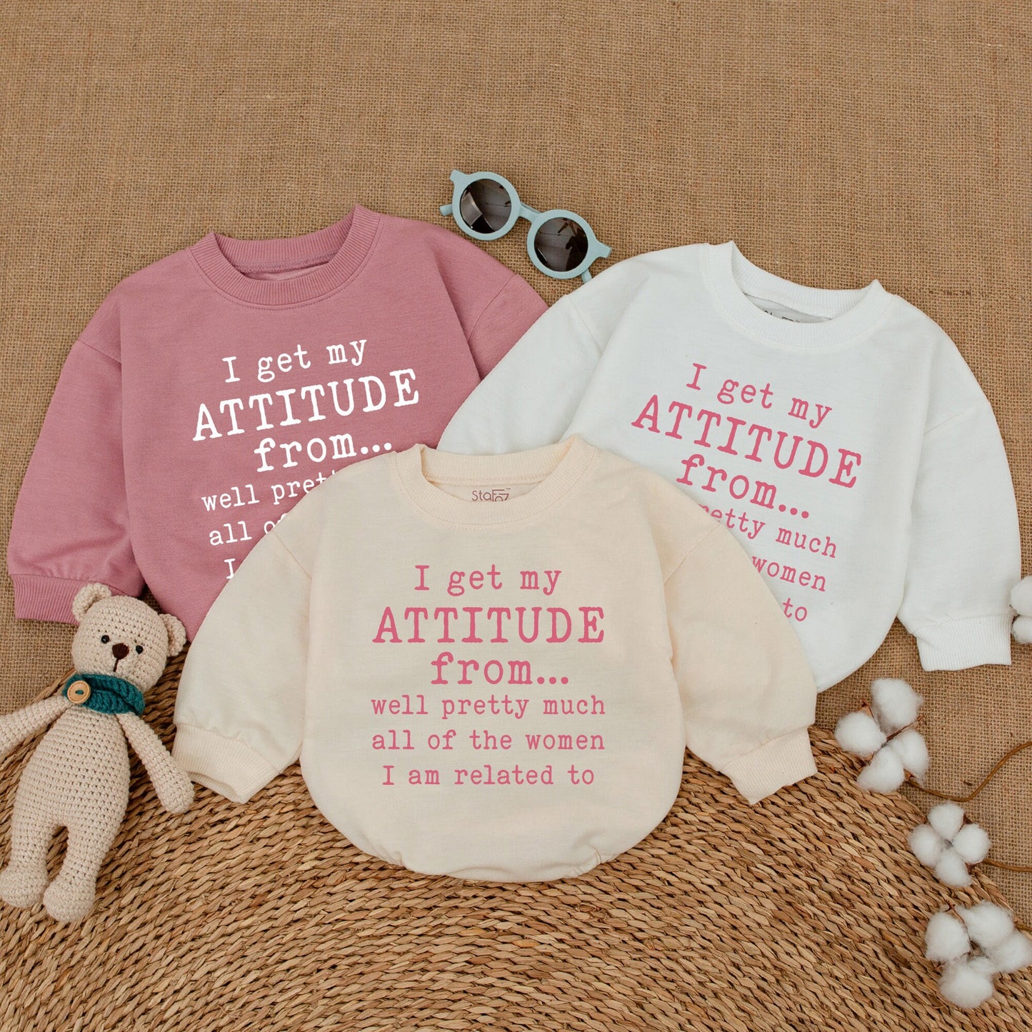 I Get My Attitude From Women Baby Bodysuit Funny Pregnancy Reveal Pink Red Design Soft Cotton Newborn Shower Gift Bubble Romper