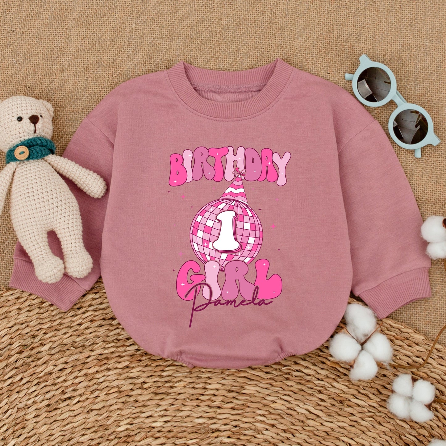 Personalized Pink Disco Ball Birthday Girl Romper with Name First Birthday Cowgirl Outfit Infant Bodysuit Baby Shower Gift