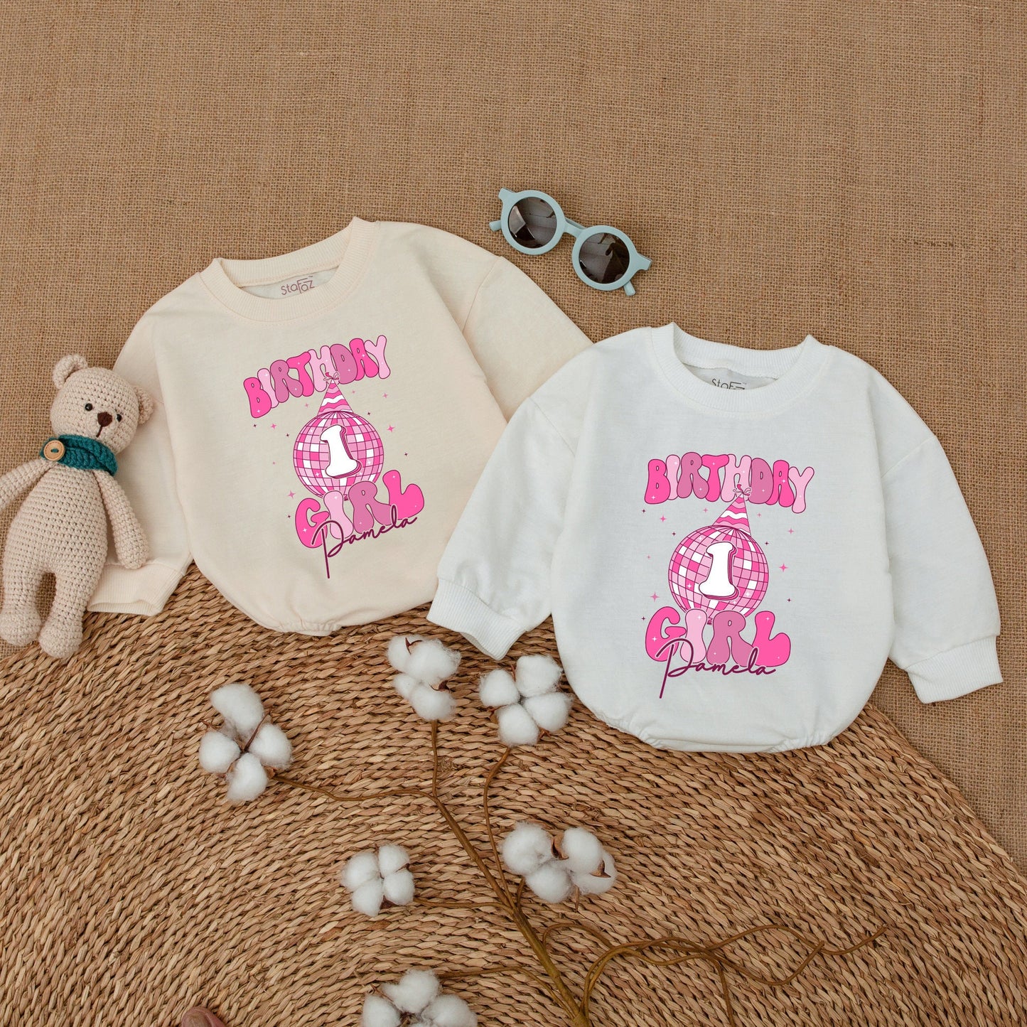 Personalized Pink Disco Ball Birthday Girl Romper with Name First Birthday Cowgirl Outfit Infant Bodysuit Baby Shower Gift