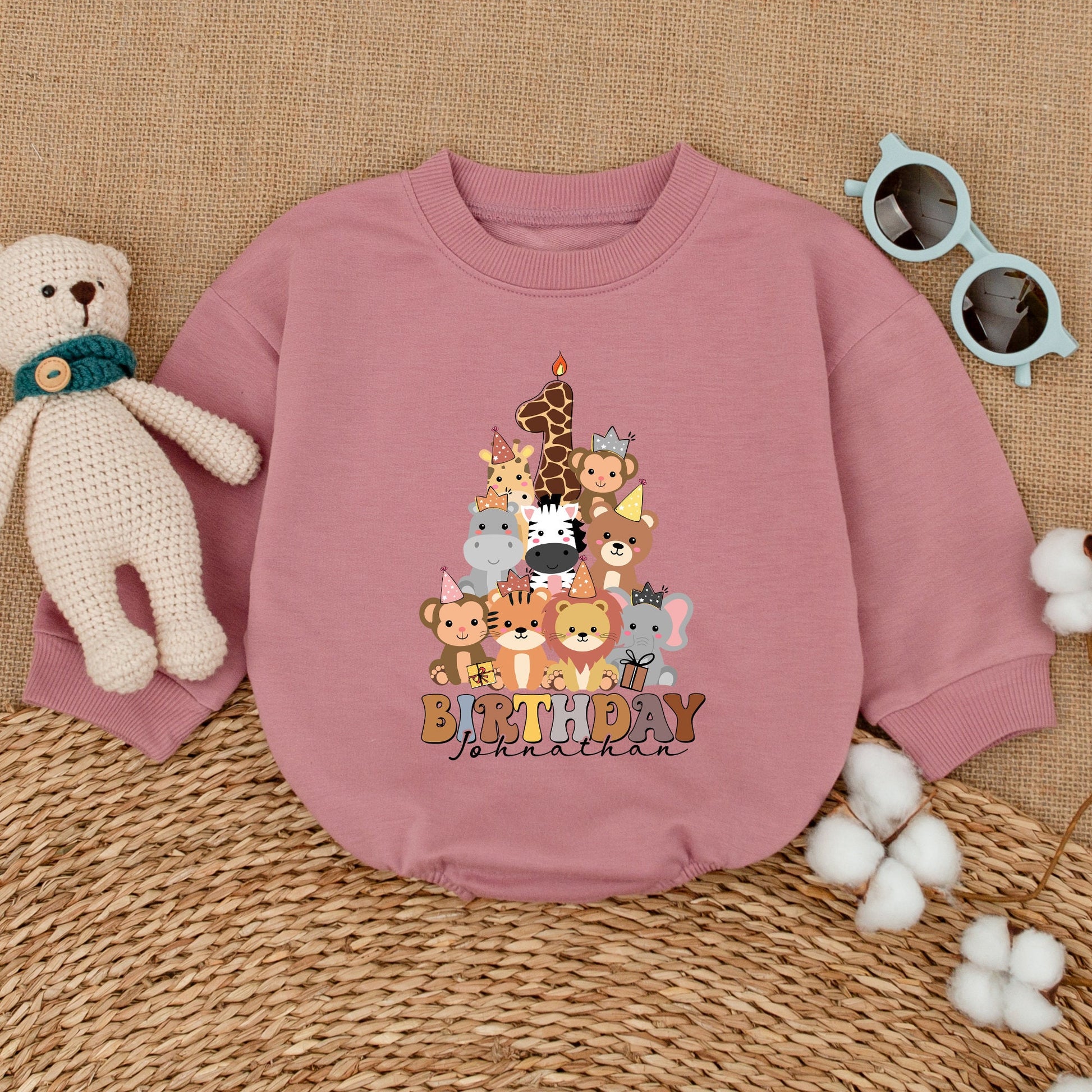 Personalized First Birthday Safari Animals Romper with Cute Zoo Stack Number One Giraffe Design Wild One Party Cake Smash Bubble Outfit in Brown Yellow Pink