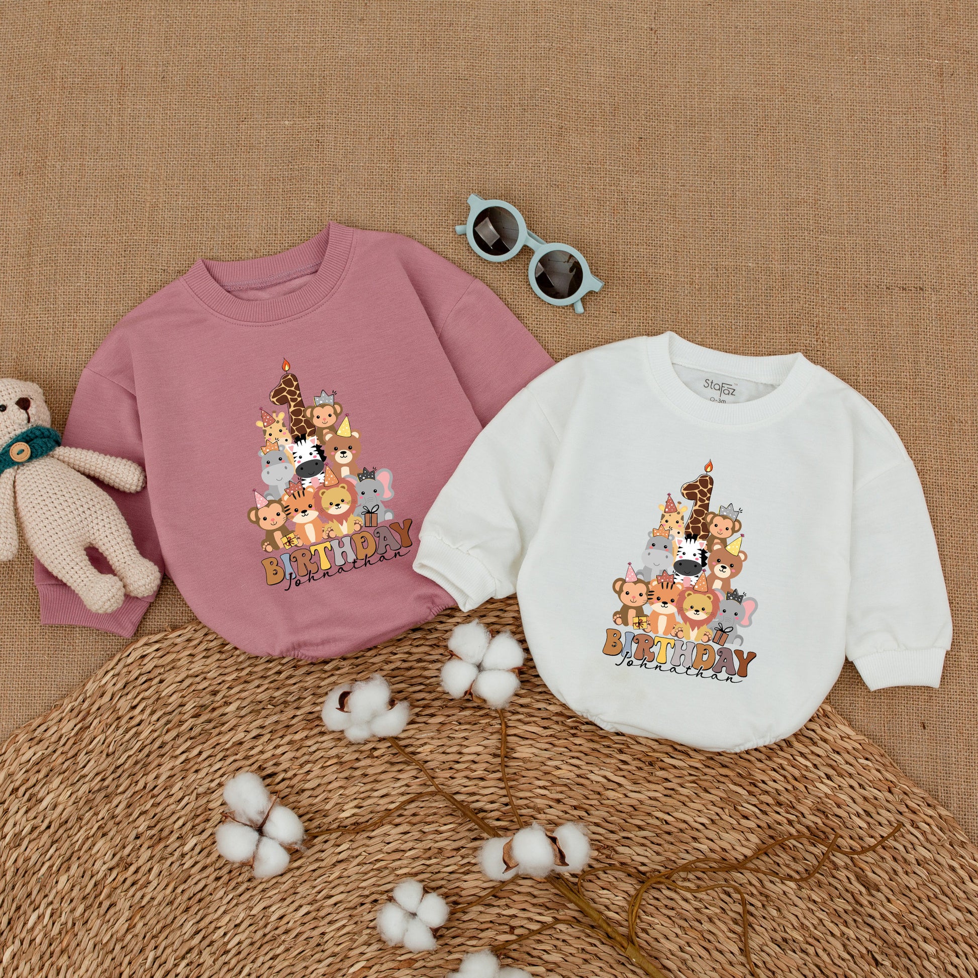 Personalized First Birthday Safari Animals Romper with Cute Zoo Stack Number One Giraffe Design Wild One Party Cake Smash Bubble Outfit in Brown Yellow Pink