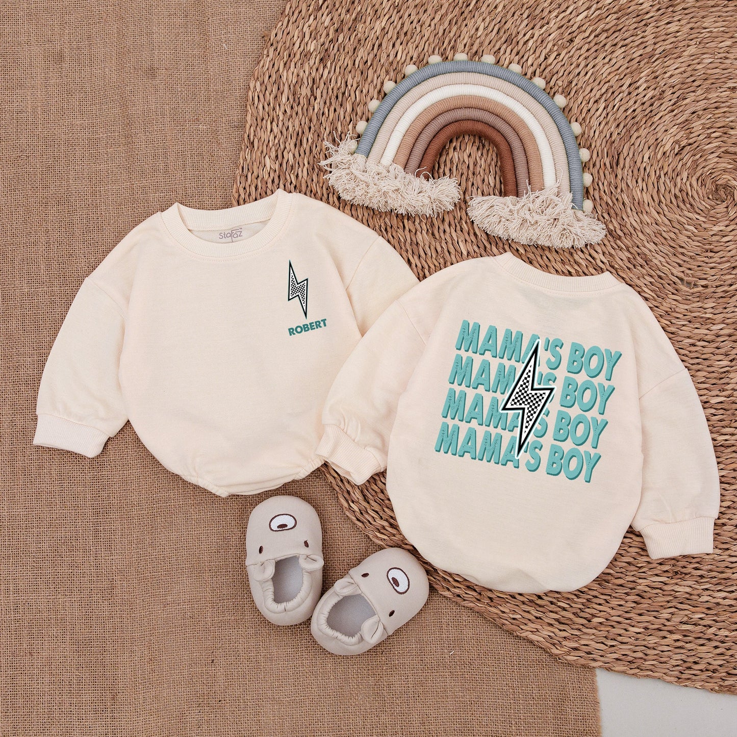 My Mama's Boy Era Romper Bodysuit featuring a Modern Lightning Bolt Design, Perfect Playful Baby Boy Outfit for Newborns, Toddlers, and Thoughtful Shower Gifts